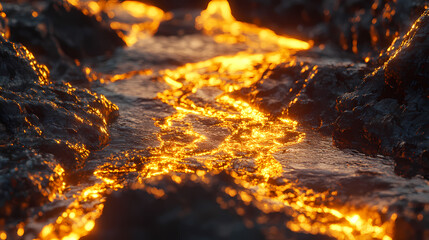 Macro shot of molten gold cooling into a solid shape, resolution, showcasing liquid-like movement, rich golden tones, and soft ambient reflections. Molten Gold Rivers. Illustration