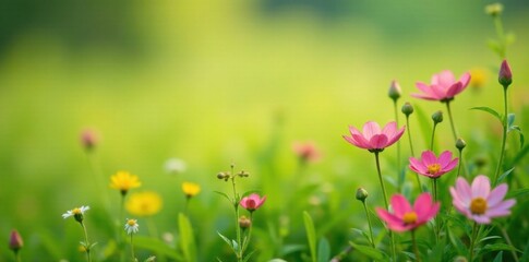 Obraz premium Delicate wildflowers in a field with a few herbs nearby, landscape, plants