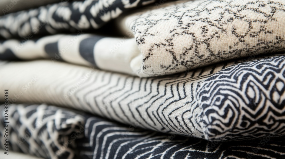 Poster close up view of patterned fabrics showcasing intricate floral and geometric designs with blank spac