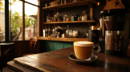 rich foamy cappuccino in quaint little cafe setting