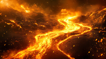 Molten gold or lava flowing like a river. abstract depiction of intense heat and energy with bright particles. Molten Gold Rivers. Illustration