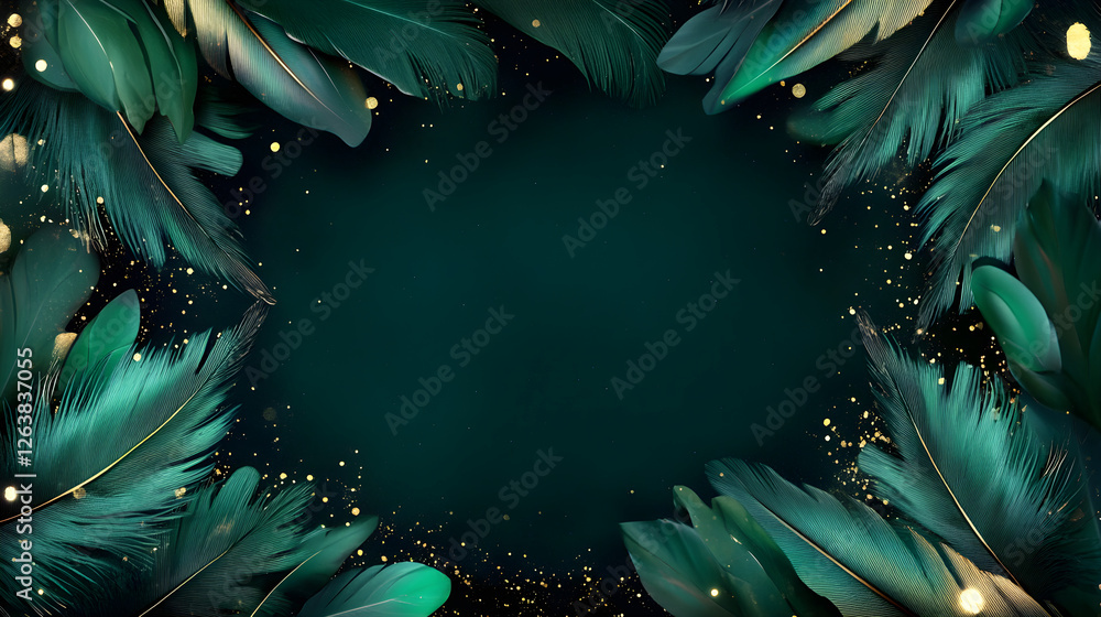 Poster rectangular frame bordered with green feathers and gold sparkles