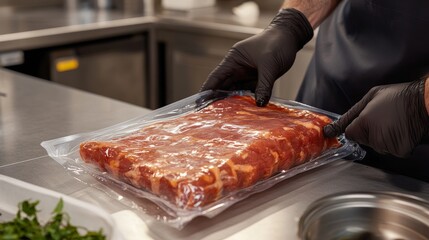 Preparing marinated ribs for cooking in a commercial kitchen during evening hours with a focus on food safety