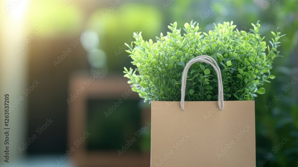 Poster eco friendly paper bag with greenery in soft sunlight for sustainable gifting and shopping ideas. ge