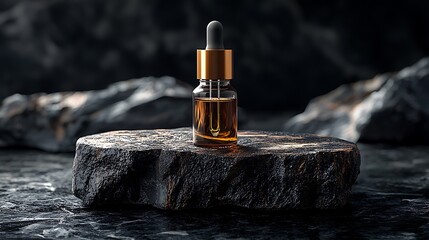 Amber serum bottle on dark stone, rocks background; beauty product