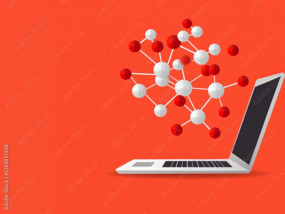 Poster molecular network and nanotechnology visualization above an open laptop with digital red background,