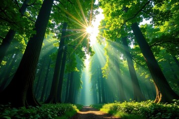 Dense forest canopy with towering evergreen trees and dappled sunlight filtering through, tree, roots