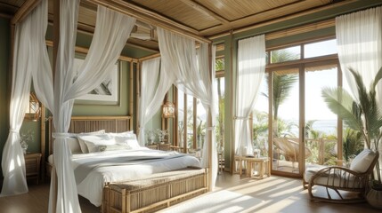 Obraz premium A tropical-style bedroom with bamboo furniture and flowing white curtains.