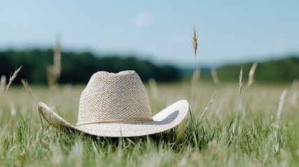Straw cowboy hat in a grassy field under a bright sky.  Possible use Stock photo for outdoor lifestyle, nature, summer, or fashion