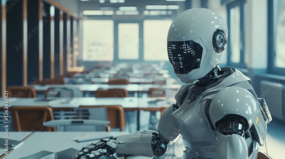 Poster a humanoid robot seated at a desk in a bright classroom, reflecting the integration of ai in educati