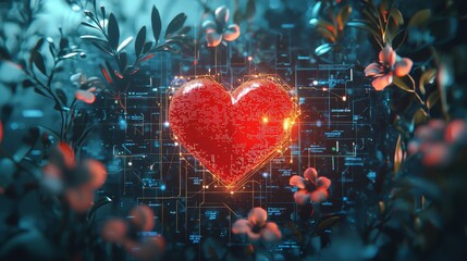 Illustration of a personalized Valentine card with a glowing red heart, surrounded by tech-inspired floral elements, futuristic detail
