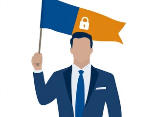 Corporate executive in a suit raising a blue and yellow flag with a padlock, representing enterprise security, business data encryption, and cybersecurity