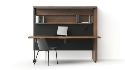 A wall-mounted shelving system with a fold-out work desk.