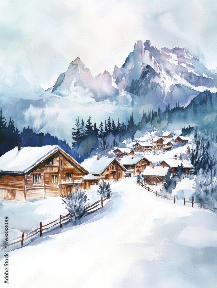 Poster winter landscape featuring snow covered cabins with majestic mountains in the background during a se