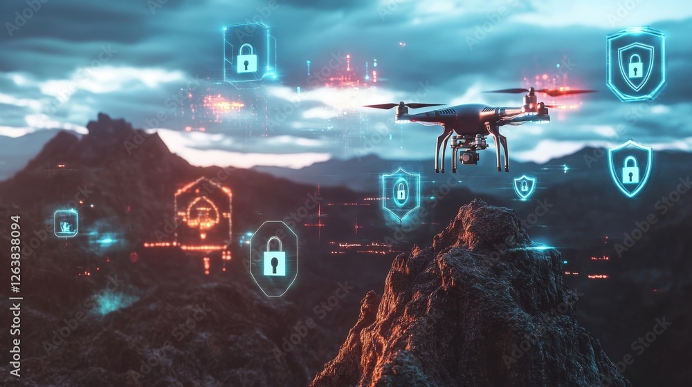 Poster featuring a drone perched atop a rugged terrain the image captures a vibrant display of digital padl