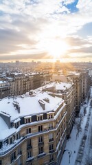 Snowy Paris cityscape sunrise; aerial view