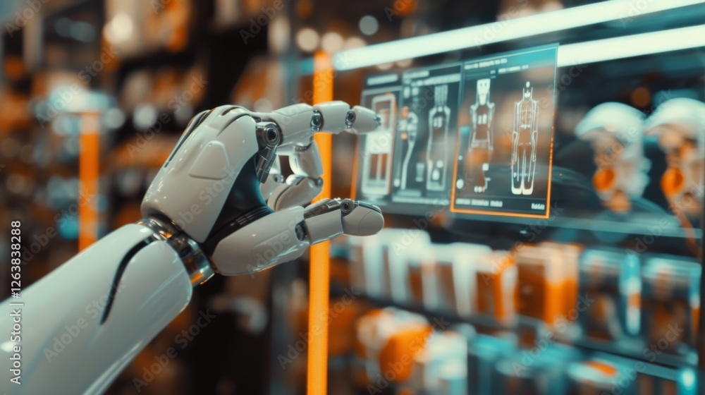 Poster a robotic hand reaches towards a holographic interface displaying futuristic ui, symbolizing technol