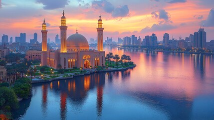 Fototapeta premium Mosque at sunset over city reflecting in river. Use Stock photo for travel, architecture, or religion