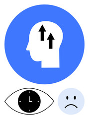 Profile head with upward arrows inside, clock in an eye, and sad face on blue and white background. Ideal for mental health, focus, time management, growth, productivity, stress abstract line flat
