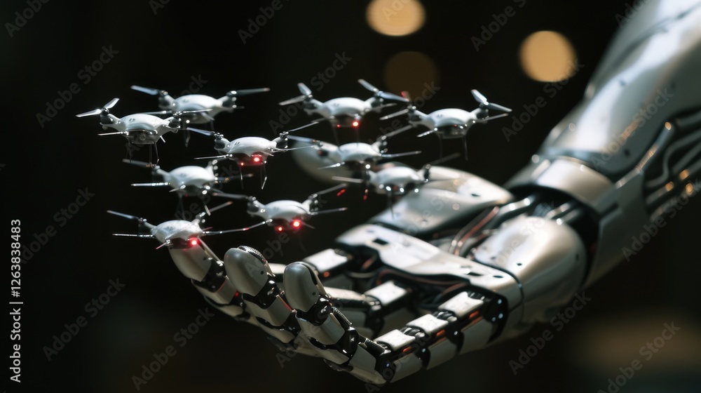 Poster a robotic hand elegantly holding miniature drones in a dynamic display of futuristic robotics, techn