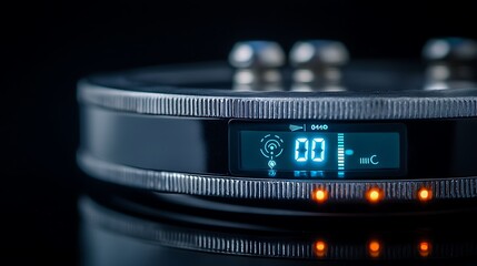 Close-up of a digital scale displaying weight and temperature with glowing indicators on a dark background