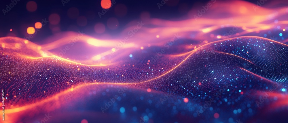 Poster abstract flowing digital wave particles background with bokeh futuristic glowing dots and lines land