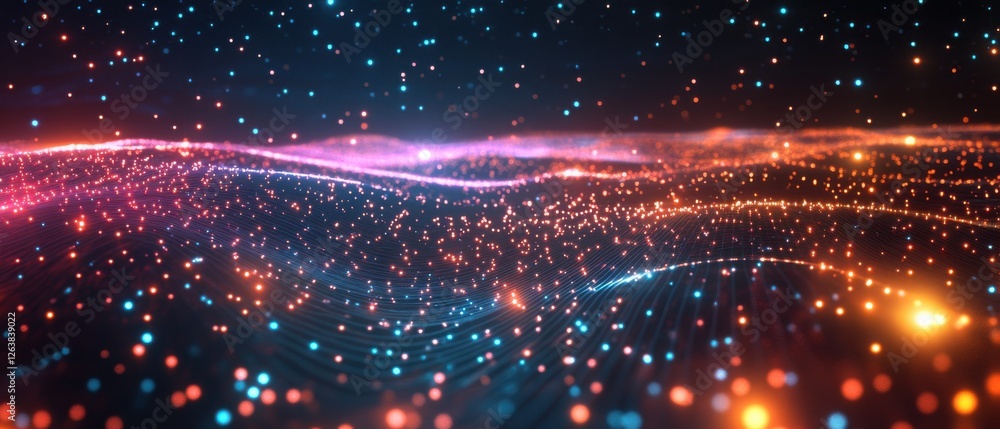 Poster abstract glowing particle waves and lights in a dark digital cyberspace futuristic data flow, networ