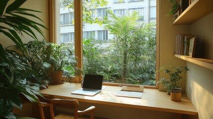 Fototapeta premium A workspace with a desk made of FSC-certified wood and organic cotton chair cushions.
