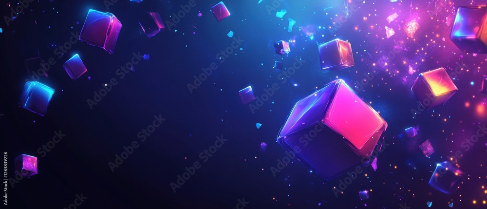 Aufkleber abstract background with luminous neon cubes floating in a dark space with particles futuristic, tec