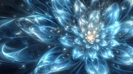 Luminous Blue Fractal Flower Glowing In The Dark
