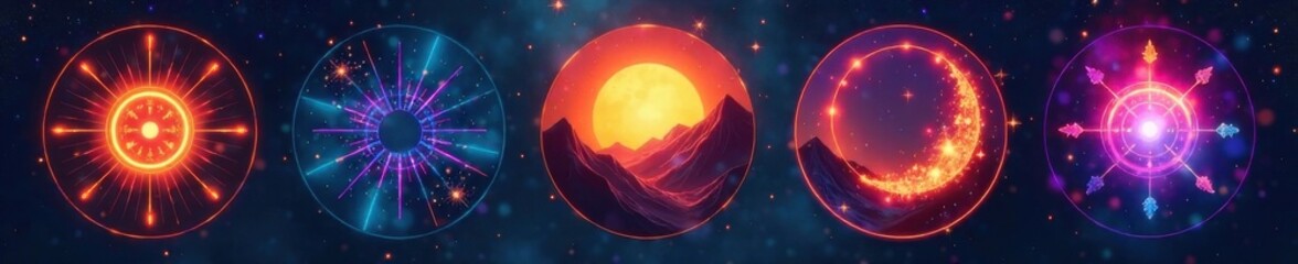 Fototapeta premium Circular icons with various shapes arranged around a central point, social media platforms, social networking