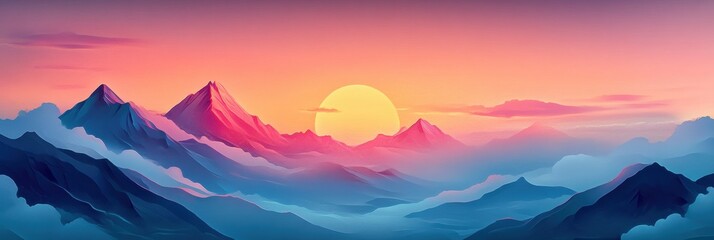 Obraz premium Colorful sunset over a mountain range with clouds and a calm atmosphere at twilight. Generative AI