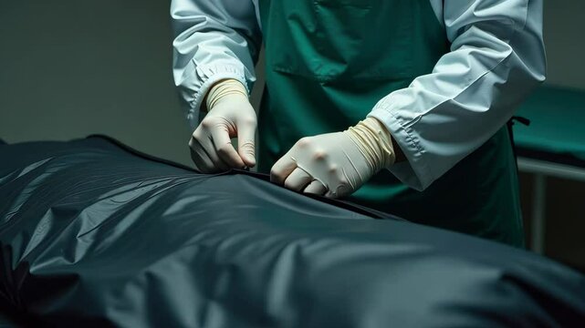 Morgue worker closes zipper on body bag, green apron over protective gear in dimly lit room - concept of morgue worker