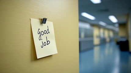 Sticky note with encouraging message in a brightly lit office environment during work hours