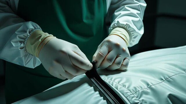 Forensic professional in gloves zipping up body bag in morgue environment