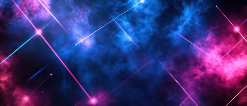 Vibrant pink and blue neon laser lights crisscrossing through smoky atmosphere Abstract background with dynamic beams of light, creating a futuristic, energetic mood ideal for music, gaming, or entert