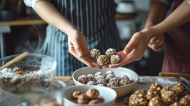 Hands carefully making healthy energy balls in a cozy kitchen setting
