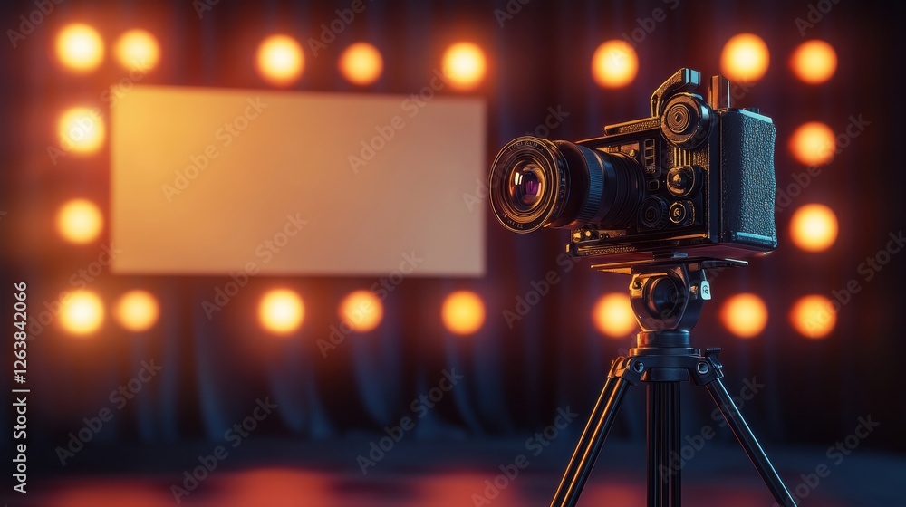 Poster Professional camera set in a studio with bright lights ready for a photo shoot or filming session. Generative AI