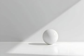 Minimalist composition featuring a reflective white sphere on a clean surface with soft shadows