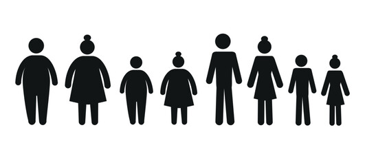 pictogram of human figures, healthy and overweight, flat illustration of a man, woman and children on a white background, icons