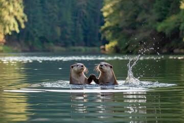 Fototapeta premium Playful River Otters Holding Hands in Teal Water, Forest Background, Splashing, Close-Up, Soft Lighting, Cute, Wild Animals, Reflection, Nature Shot