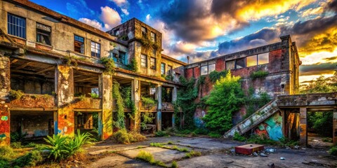 Fototapeta premium Abandoned Gata building: a photographer captures its industrial decay, rust, and graffiti art.