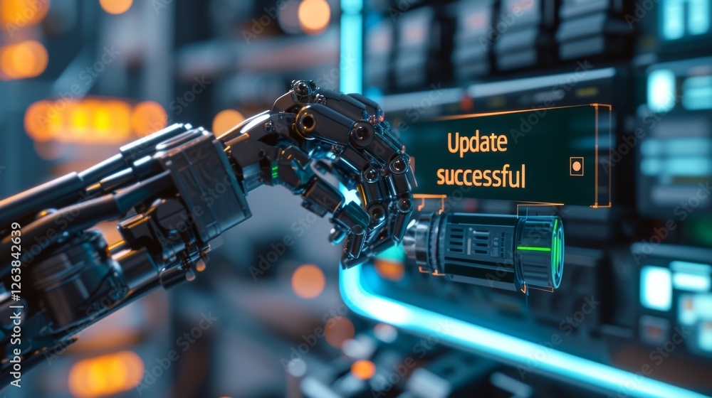Poster a sleek robotic arm inserts a module into a system as a glowing screen confirms the update