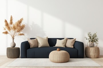 Living room interior featuring a blue couch and a vase of flowers on a coffee table