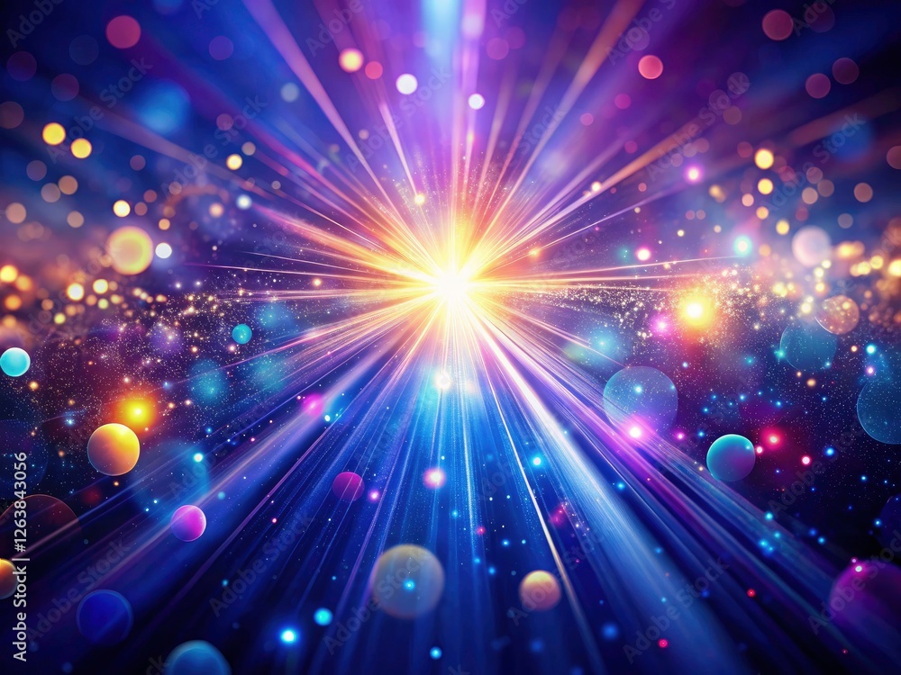 Poster abstract glowing particles illuminate a dark blue, cosmic bokeh, creating beams of energy in space.