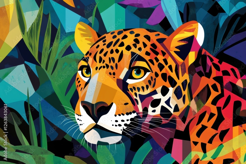 Poster colorful jaguar portrait surrounded by vibrant jungle foliage showcasing striking features and patte