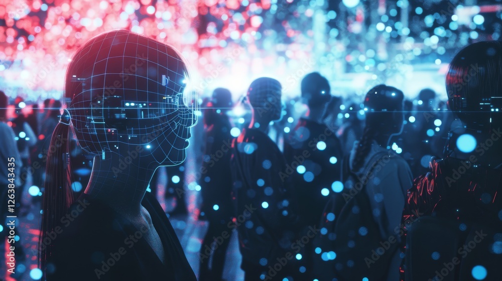 Poster futuristic crowd surrounded by glowing digital networks and vibrant neon lighting. highlights techno