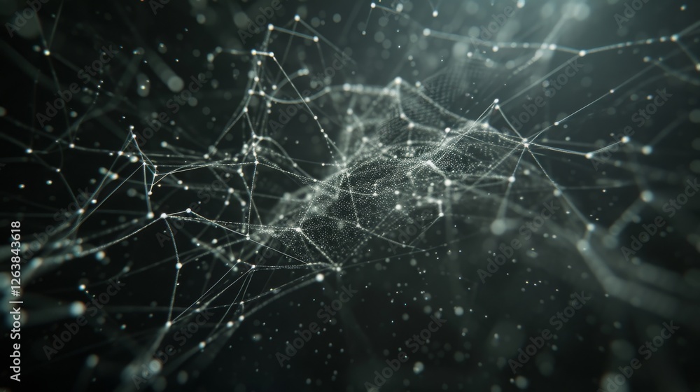 Poster intricate digital network visualization with white glowing nodes and connections, representing ai, d