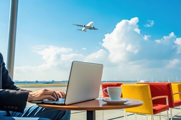 Business traveler working on laptop at caf? with airplane flying overhead and scenic sky