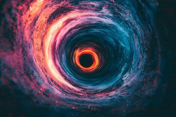 A swirling vortex of vibrant neon colors pulsates in a dark void, creating an otherworldly, hypnotic effect.